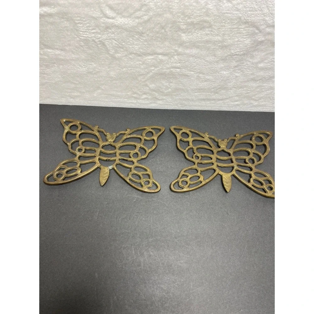 VTG Pair of Brass Butterfly Trivets Hot Plates MCM Pot Holder Wall‎ Decor